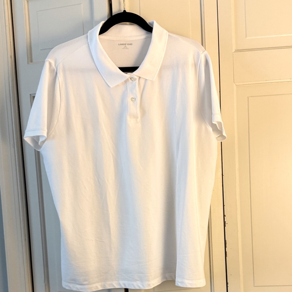 Lands' End White Polo Shirt. NWOT.  Cotton pique fabric. 97% cotton 3% spandex.